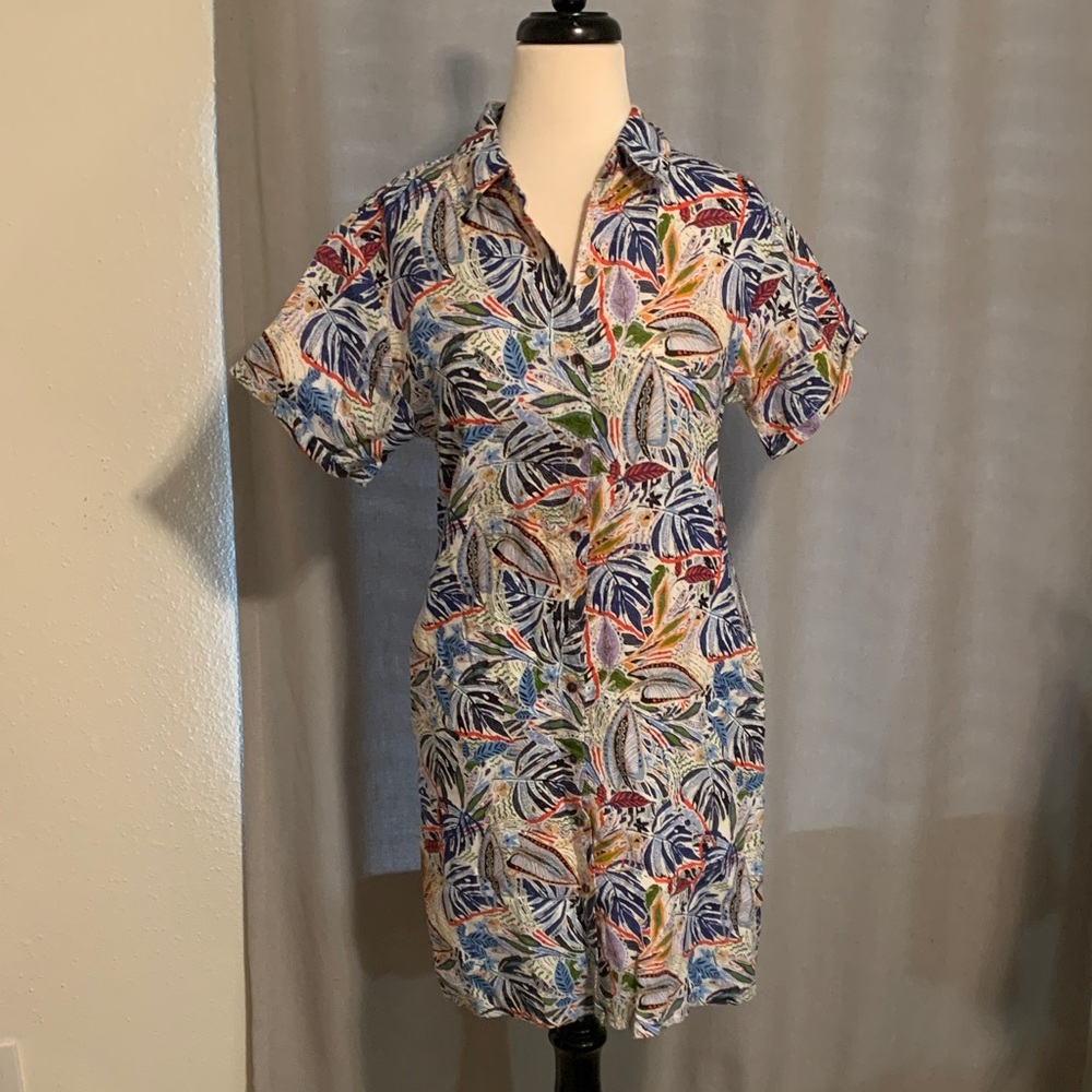 NWT C&C California Multicolor Leaf Print Shirt Dress 100% washable linen size XS
